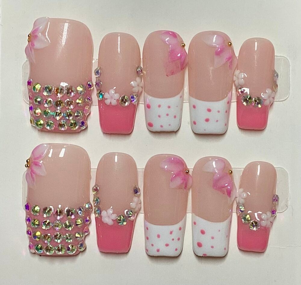 3D Flower Gem Pink Polka Dot French Tip Handmade Square Press On Nails Large